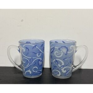 Cristal d'Arques Durand Plenitude Blue Frosted Floral Glass Mugs France Set of 2